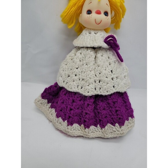 Doll  Handmade Crochet Duster Cover Purple Yarn Soft Face 14" Cottage Core - Picture 6 of 16